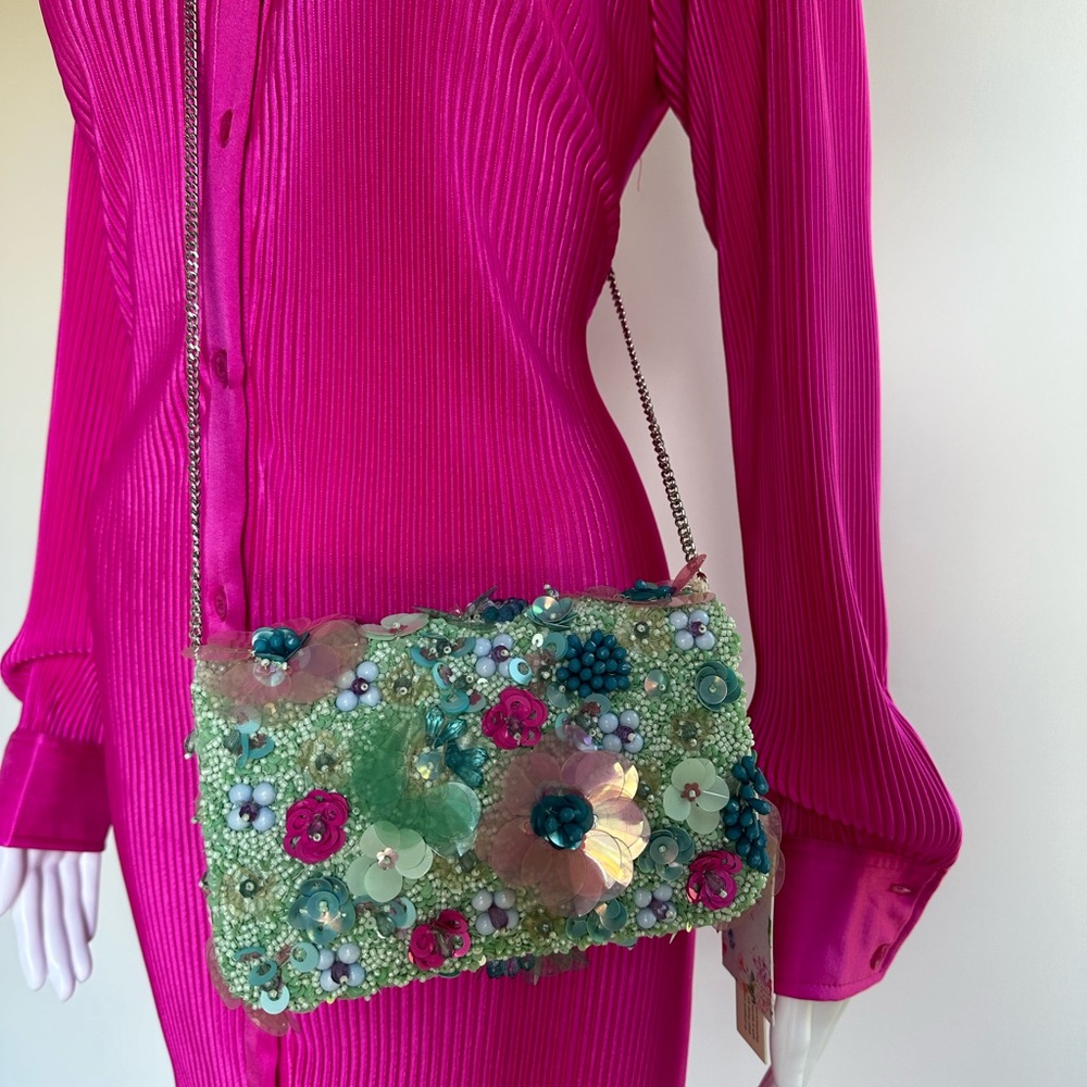 Beaded Floral Embellished Shoulder Bag in Mint and Pink